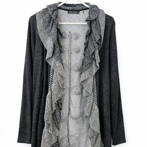 ZoZo Ruffle Open Front Cardigan M Black Gray Boho Layering Sweater